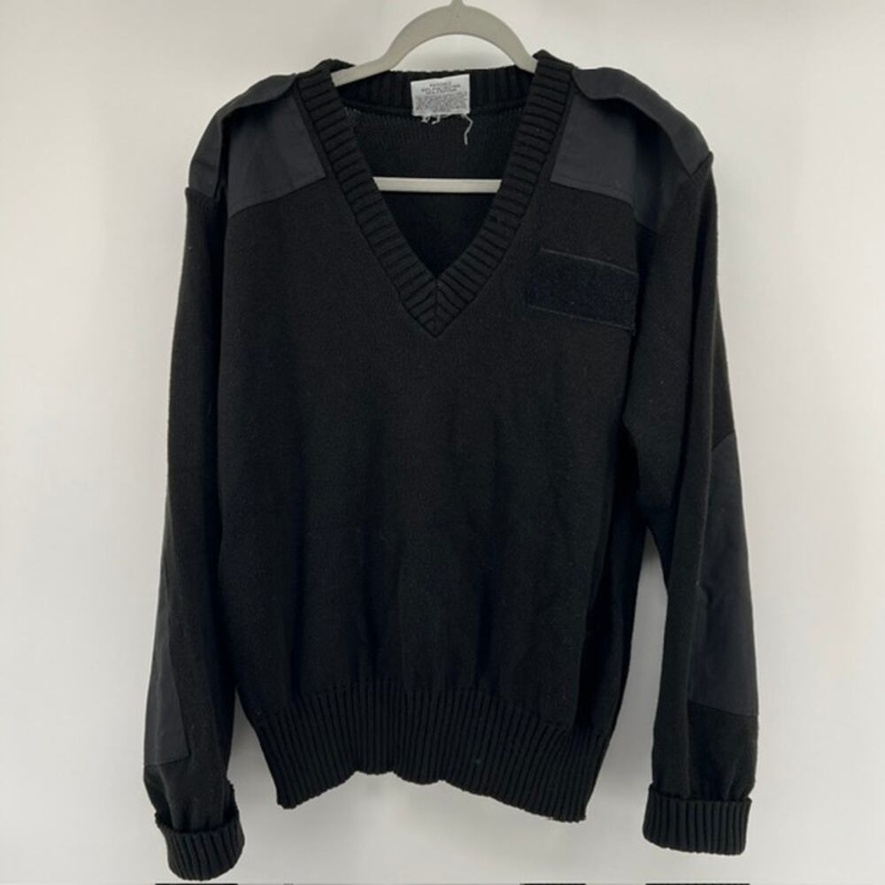 VTG Jack Young US Navy V Neck Sweater Mens L Black Epaulets Elbow Patches USA